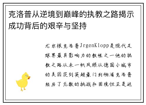 克洛普从逆境到巅峰的执教之路揭示成功背后的艰辛与坚持