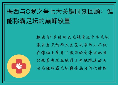 梅西与C罗之争七大关键时刻回顾：谁能称霸足坛的巅峰较量